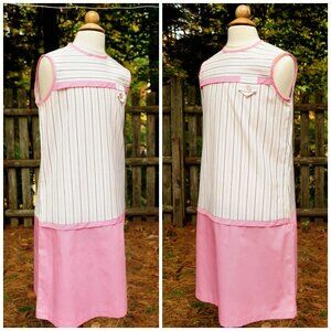 VTG 60's Girls Pink & White Striped Cotton Sheath Dress Size 16 Dropped Waist